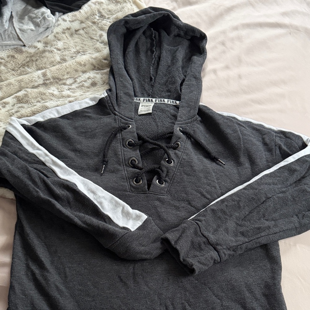 PINK Victoria's Secret Dark Gray Lace-Up Hoodie